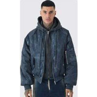 Mens Tall Boxy Washed Padded Hooded Bomber Jacket In Black