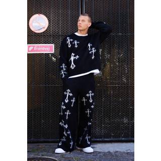 Mens Black Wide Leg Extreme Fluffy Knit Cross Graphic Jogger