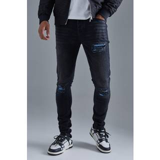 Mens Skinny Stretch True Black Pu Biker Rip & Repair Jeans