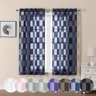 OVZME Barry Navy Blue Sheer Gardiner 63 tommer L?ngde 2 Paneler - Kontrolleret lysfiltrering Soft Airy Voile Clip Jacquard Teksturerede gardiner