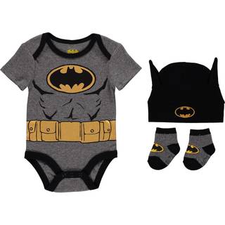 DC Comics Batman Baby Clothes 3-Piece Set With Bodysuit Baby Hat and Baby Socks-Batman Baby Gift Set (svart/gul 3-6m)