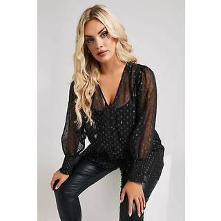 Yours Curve Yours Curve Black London Metallic Dobby Shirred Cuff Blouse