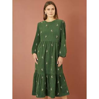 Yumi Yumi Green Long Sleeve 100% Cotton Midi Dress With Floral Print Embroidery