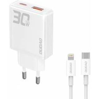 Dudao GaN USB-oplader 30W med 1xUSB, 1xUSB-C og USB-C til Lightning-kabel - Hvid