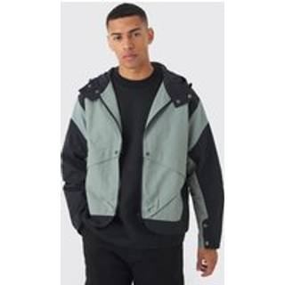 Mens Colour Block Hooded Tech Windbreaker Jacket In Grey