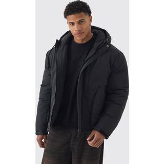 Mens Padded Drawcord Hooded Parka Coat In Black