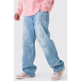 Mens Light Blue Baggy Rigid Washed Blue Cross Applique Jeans