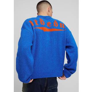Mens Blue Oversized Fluffy Jacquard Graphic Knitted Jumper