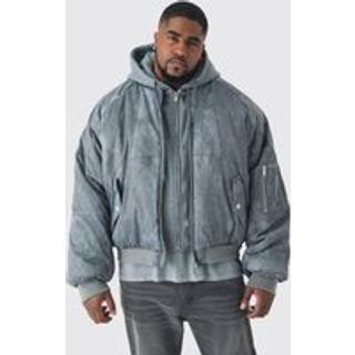 Mens Plus Boxy Washed Padded Hooded Bomber Jacket In Grey
