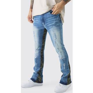 Mens Light Blue Skinny Flared Ripped Bleached Camo Gusset Jeans