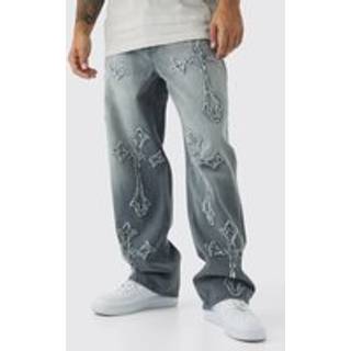 Mens Light Grey Baggy Rigid Washed Grey Cross Applique Jeans