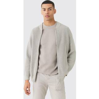 Mens Light Grey Regular Ribbed Fisherman Knit Bomber Jacket