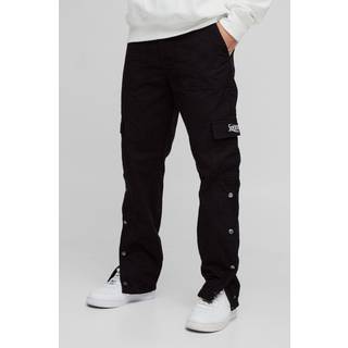 Mens Black Straight Ripstop Popper Hem Branded Cargo Trousers