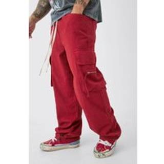 Mens Red Baggy Fit Elasticated Waist Extended Drawcord Cargo Trousers