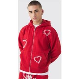 Mens Red Oversized Boxy Zip Through Heart Print Zip Through Hoodie