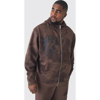 Mens Brown Plus Oversized Zip Thru Renaissance Print Hoodie