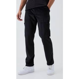 Mens Black Fixed Waist Straight Leg Suede Cargo Trousers