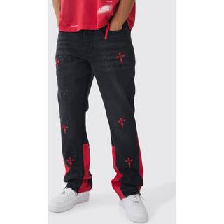 Mens Washed Black Slim Rigid Flare Cross Pu Applique Washed Jeans