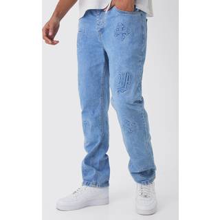 Mens Light Blue Straight Leg Cross Embossed Jeans