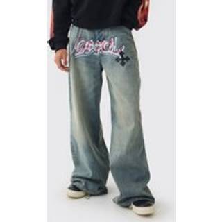 Mens Light Blue Extreme Baggy Rigid Pu Cross Applique Washed Jeans