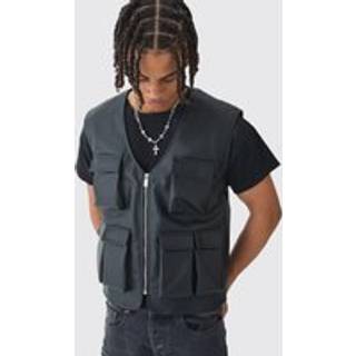 Mens PU Utility Vest Jacket In Black