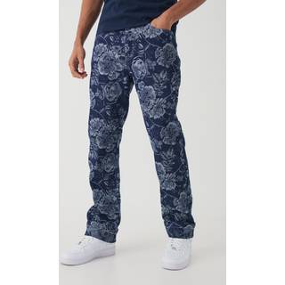 Mens Indigo Straight Leg Floral Denim Jacquard Jeans