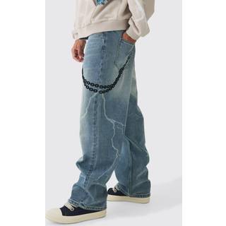 Mens Vintage Blue Baggy Rigid Laser Print Lightning Washed Jeans