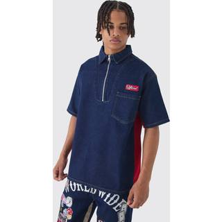 Mens Indigo Oversized Zip Through Badge Denim Shirt