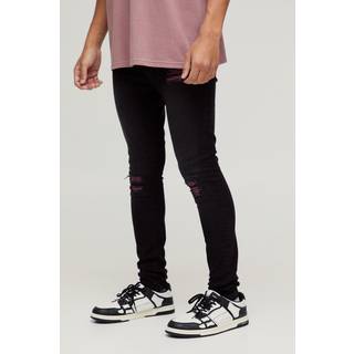 Mens Black Super Skinny Stretch Biker Purple Rip & Repair Jeans
