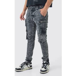 Mens Super Skinny Stretch Black Acid Wash Cargo Jeans