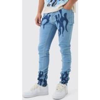 Mens Light Blue Skinny Stretch Stacked Flame Applique Denim Jeans