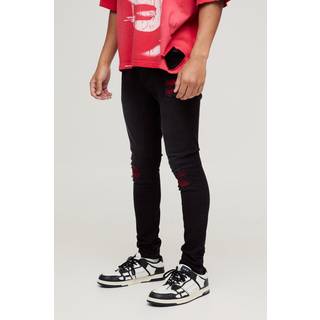 Mens Black Super Skinny Stretch Biker Red Rip & Repair Jeans