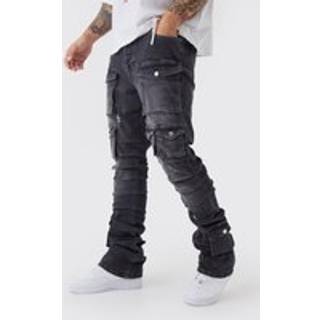 Mens Mid Grey Skinny Stacked Multi Cargo Pocket Flared Jeans