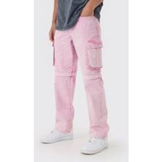 Mens Light Pink Relaxed Acid Wash Zip Off Twill Cargo Trousers