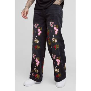 Mens Washed Black Tall Baggy Fit Floral Embroidered Jeans