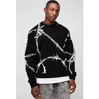 Mens Black Oversized Boxy Barbed Wire Jacquard Knitted Jumper