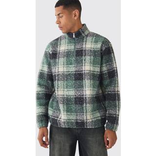 Mens Green Oversized 1/4 Zip Check Boucle Borg Sweatshirt