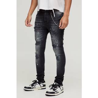 Mens True Black Super Skinny Stretch Rip & Repair Denim Jeans