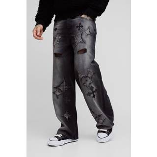 Mens Washed Black Tall Distressed Applique Baggy Fit Jeans