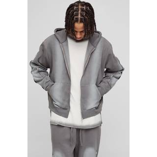 Mens Grey Oversized Boxy Zip Detail Spray Wash Zip Through Hoodie