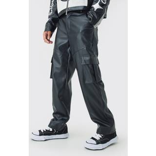 Mens Black Relaxed Fit Pu Cargo Trousers