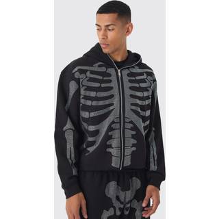 Mens Black Oversized Boxy Diamante Skeleton Zip Through Hoodie