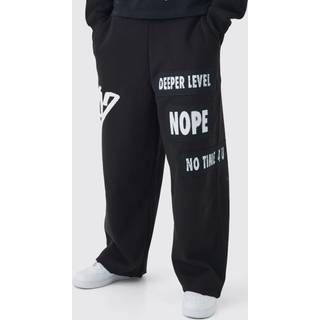 Mens Black Relaxed Wide Leg Graffiti Applique Distressed Joggers