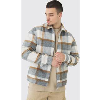 Mens Grey Tall Brushed Check Boxy Zip Up Overshirt