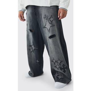 Mens Washed Black Plus Distressed Applique Baggy Fit Jeans