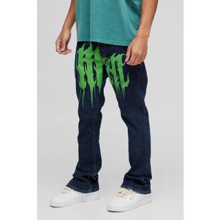 Mens Green Skinny Flared Ripped Knee Gothic Print Jeans