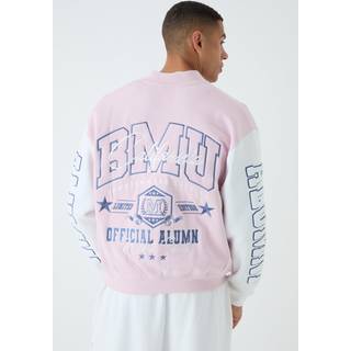 Mens Pink Oversized Boxy Varsity Applique Jersey Bomber Jacket
