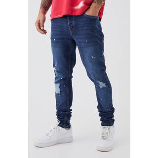 Mens Mid Blue Skinny Stretch Stacked Distressed Paint Splatter Denim Jeans