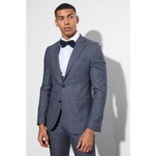 Mens Navy Skinny Fit Single Breasted Checked Blazer