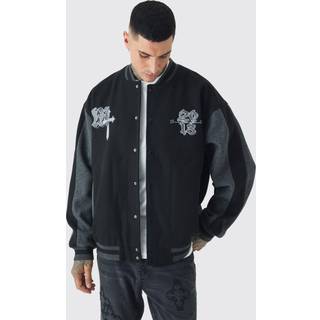Mens Tall Oversized Official Colour Block Varsity Jacket In Black